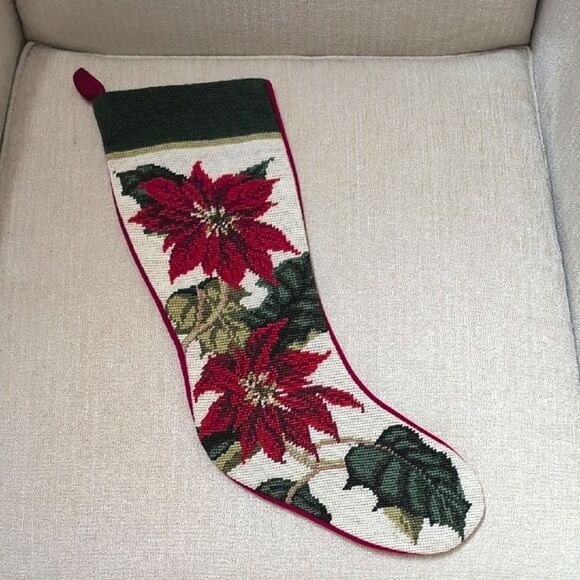 Vintage Wool Needlepoint Poinsettia Christmas Stocking Red Velvet Cotton Backing - Picture 1 of 10